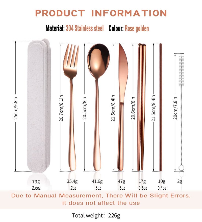 AARAINBOW 6 Pieces 18/8 Stainless Steel Flatware Set Portable Reusable Cutlery Set Travel Utensils Set Including Chopsticks Knife Fork Spoon Straws Cleaning Brush Dishwasher Safe (Rose Gold) - Image 3